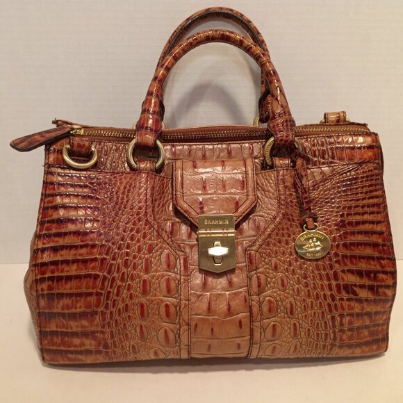 Vintage BRAHMIN ANNABELLE Melbourne Pecan Croc-Embossed Leather Zip-top Satchel - Picture 2 of 15